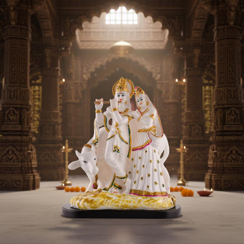 Hand-Painted White Marble Radha Krishna Idol with Cow | Hindu Pooja Murti