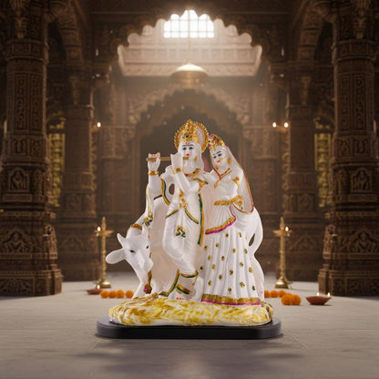 Hand-Painted White Marble Radha Krishna Idol with Cow | Hindu Pooja Murti
