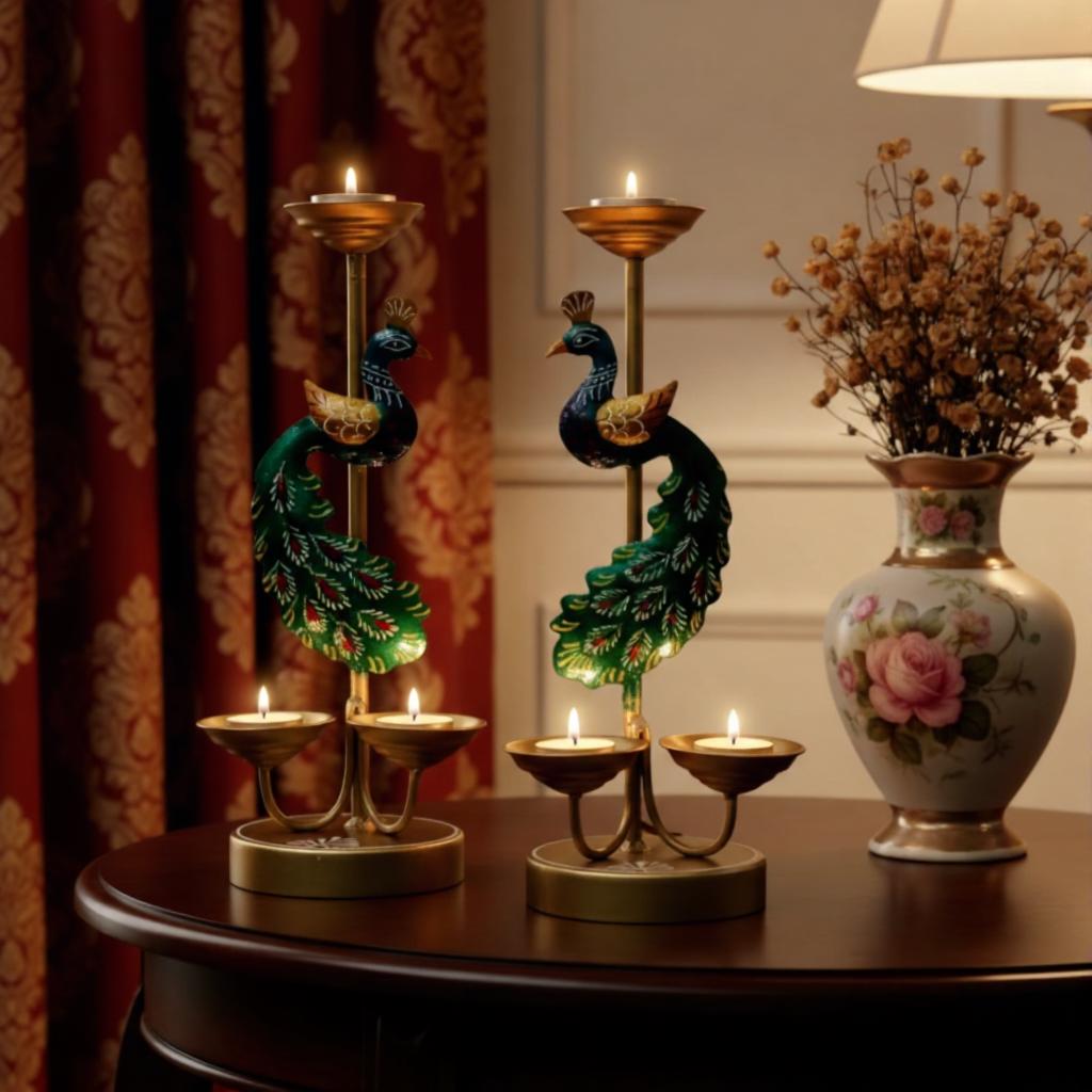 Handmade Metal Peacock Candle Stand Pair | Indian Tealight Holder