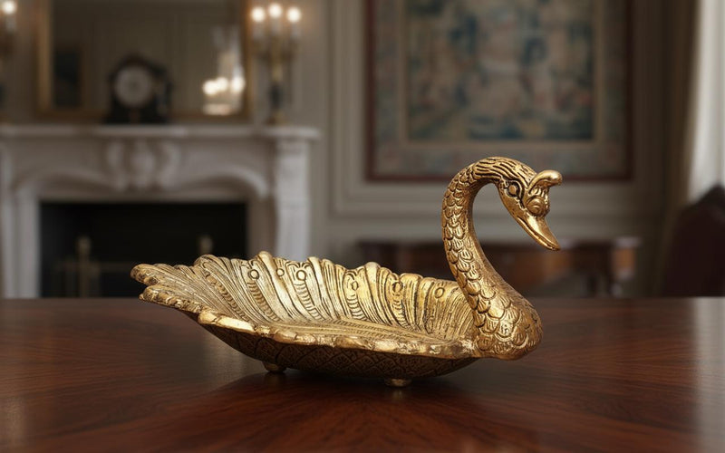 Vintage Metal Swan Bowl | Golden Trinket Dish, Indian Decor