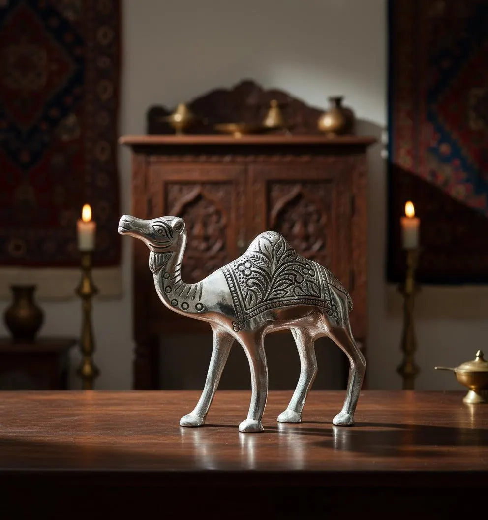 Silver Metal Camel Figurine, Detailed Engraving, Desert Animal Sculpture, Royal Home Décor