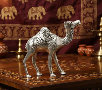Silver Metal Camel Figurine, Detailed Engraving, Desert Animal Sculpture, Royal Home Décor