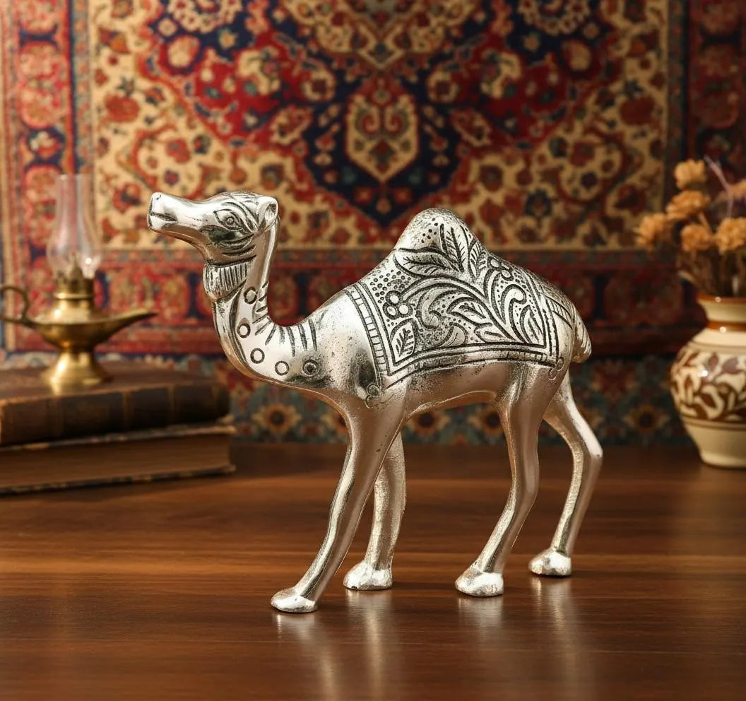 Silver Metal Camel Figurine, Detailed Engraving, Desert Animal Sculpture, Royal Home Décor