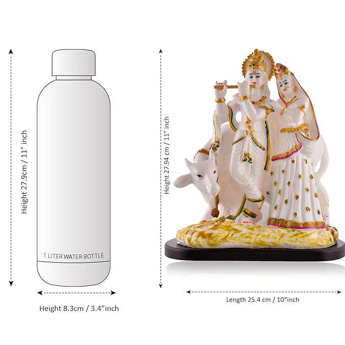Hand-Painted White Marble Radha Krishna Idol with Cow | Hindu Pooja Murti