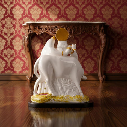 Hand-Painted White Marble Radha Krishna Idol with Cow | Hindu Pooja Murti