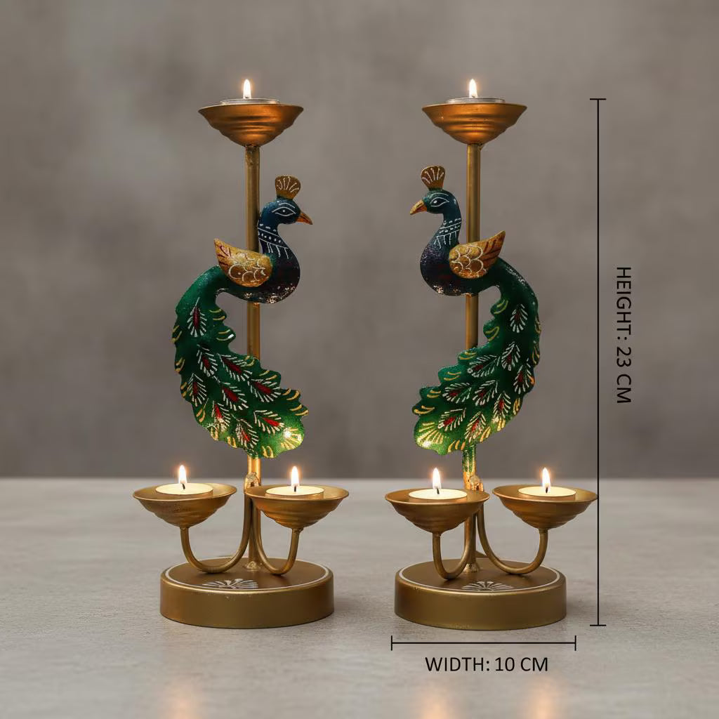 Handmade Metal Peacock Candle Stand Pair | Indian Tealight Holder