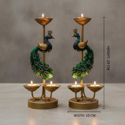 Handmade Metal Peacock Candle Stand Pair | Indian Tealight Holder