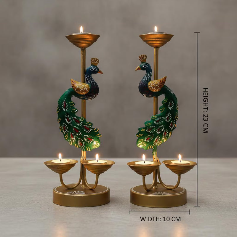 Handmade Metal Peacock Candle Stand Pair | Indian Tealight Holder