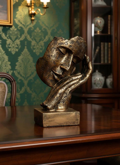Abstract Face Resin Sculpture | Antique Textured Thinker Statue, Home Office Decor