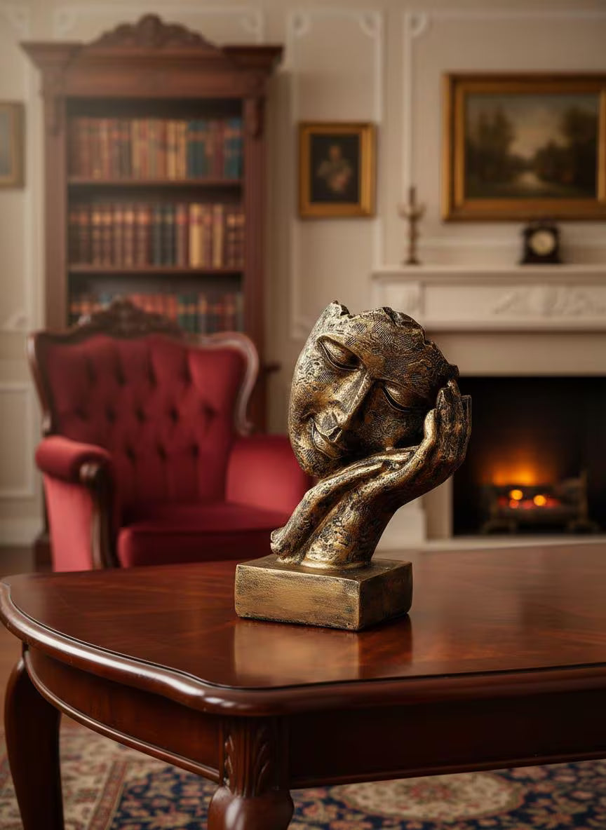 Abstract Face Resin Sculpture | Antique Textured Thinker Statue, Home Office Decor