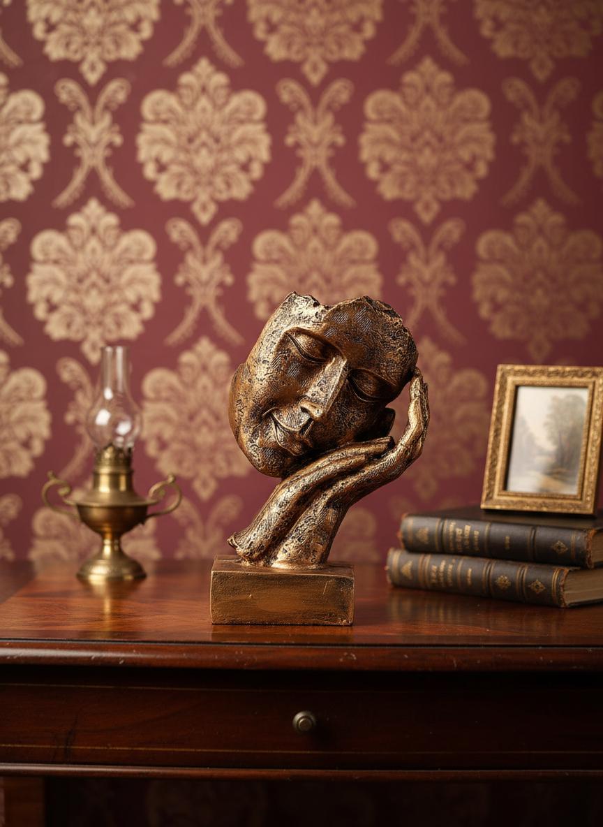 Abstract Face Resin Sculpture | Antique Textured Thinker Statue, Home Office Decor
