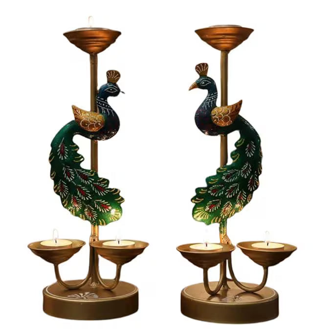 Handmade Metal Peacock Candle Stand Pair | Indian Tealight Holder
