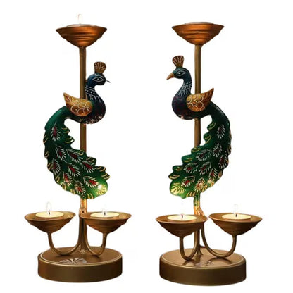 Handmade Metal Peacock Candle Stand Pair | Indian Tealight Holder