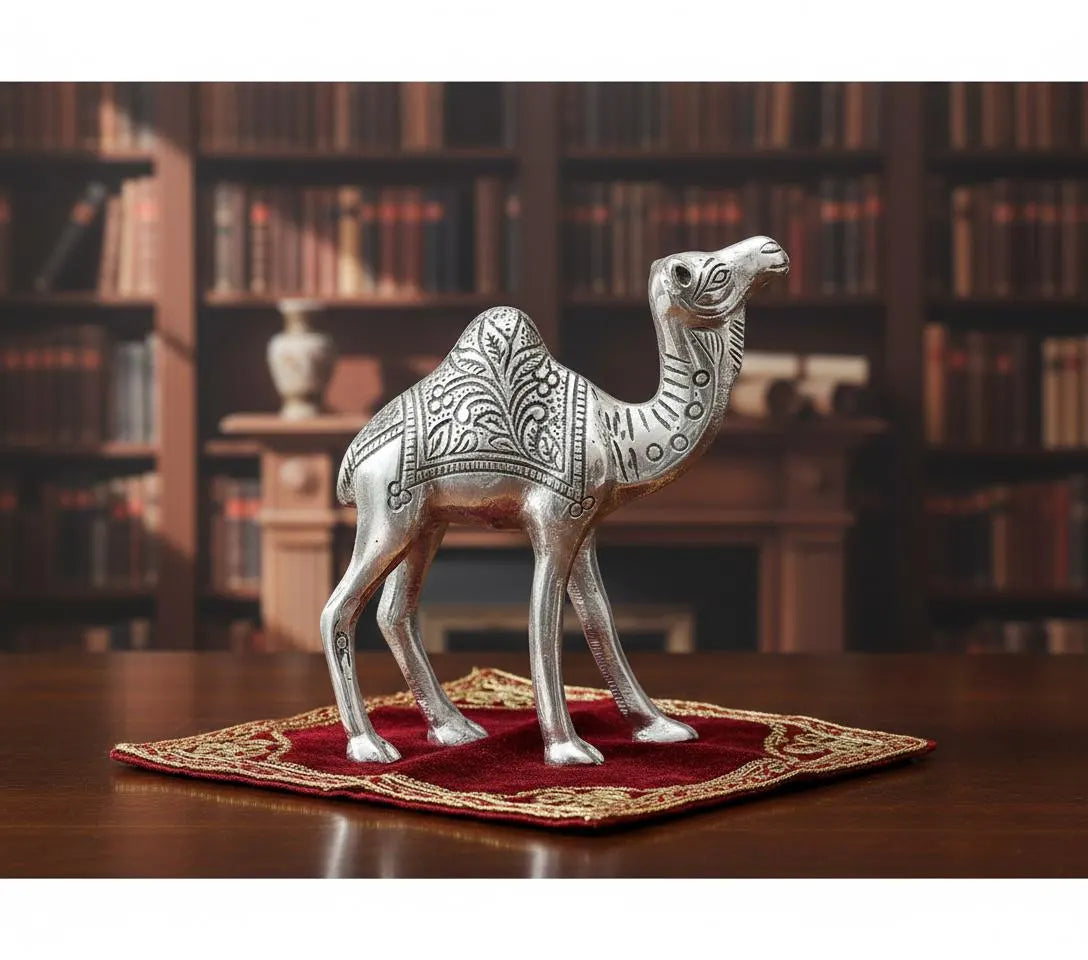 Silver Metal Camel Figurine, Detailed Engraving, Desert Animal Sculpture, Royal Home Décor