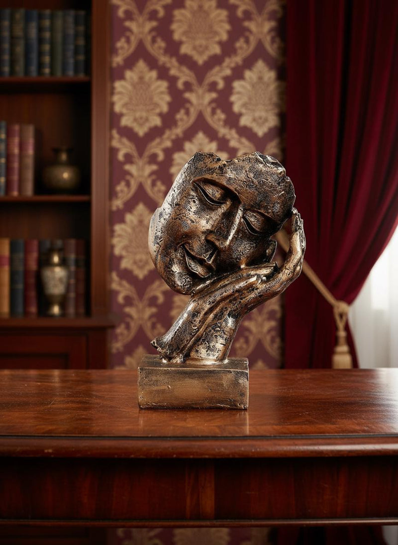 Abstract Face Resin Sculpture | Antique Textured Thinker Statue, Home Office Decor