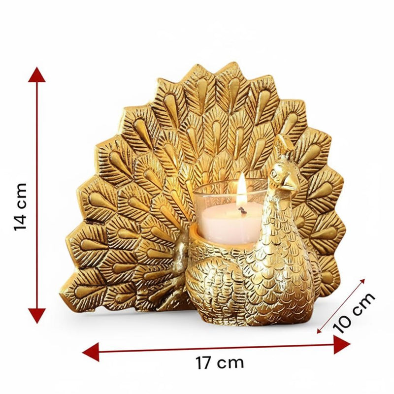 Metal Peacock Tealight Holder | Hand-Carved Indian Decor Accent, Table Centerpiece