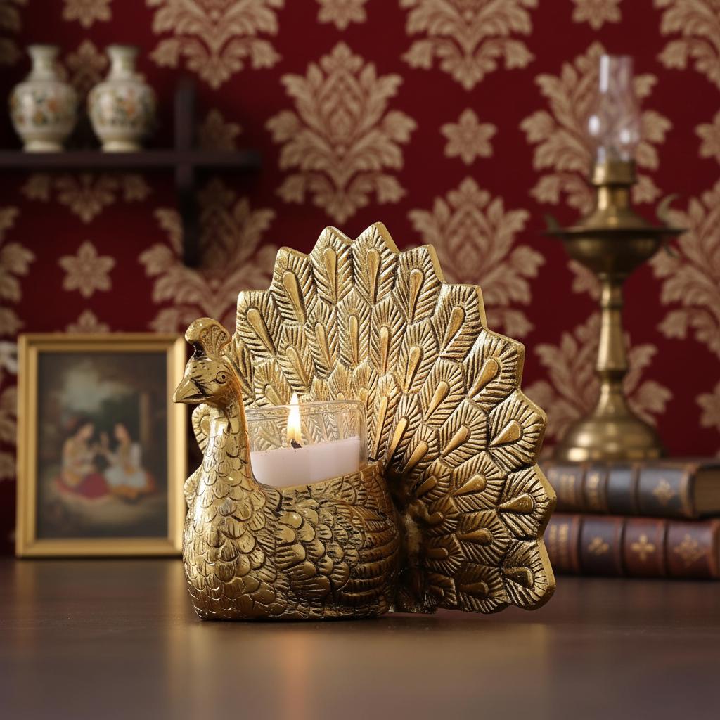 Metal Peacock Tealight Holder | Hand-Carved Indian Decor Accent, Table Centerpiece