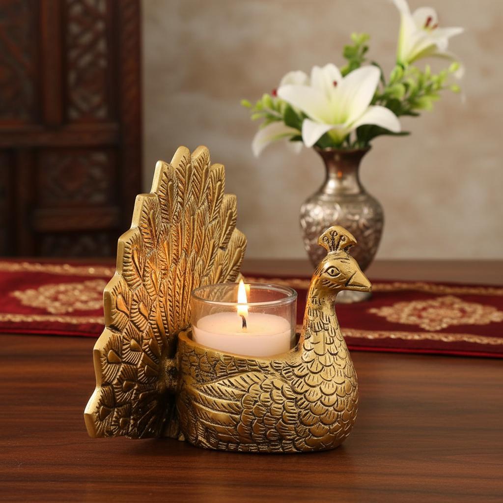 Metal Peacock Tealight Holder | Hand-Carved Indian Decor Accent, Table Centerpiece