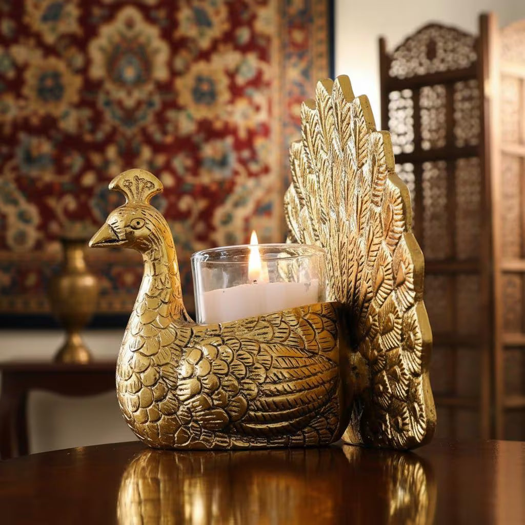 Metal Peacock Tealight Holder | Hand-Carved Indian Decor Accent, Table Centerpiece