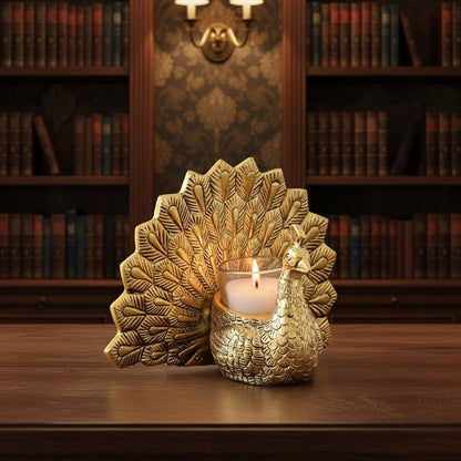 Metal Peacock Tealight Holder | Hand-Carved Indian Decor Accent, Table Centerpiece