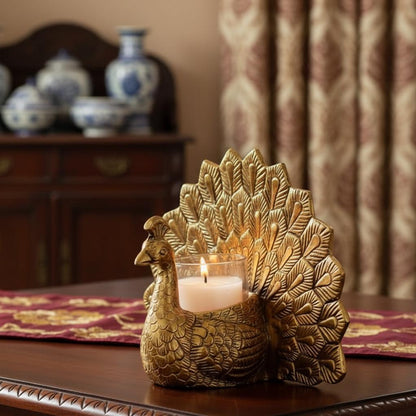 Metal Peacock Tealight Holder | Hand-Carved Indian Decor Accent, Table Centerpiece