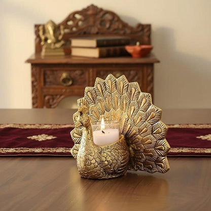 Metal Peacock Tealight Holder | Hand-Carved Indian Decor Accent, Table Centerpiece
