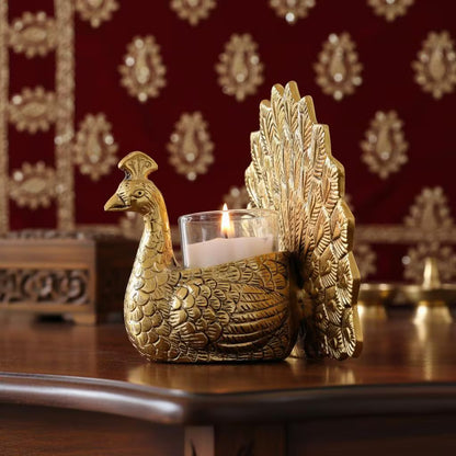 Metal Peacock Tealight Holder | Hand-Carved Indian Decor Accent, Table Centerpiece