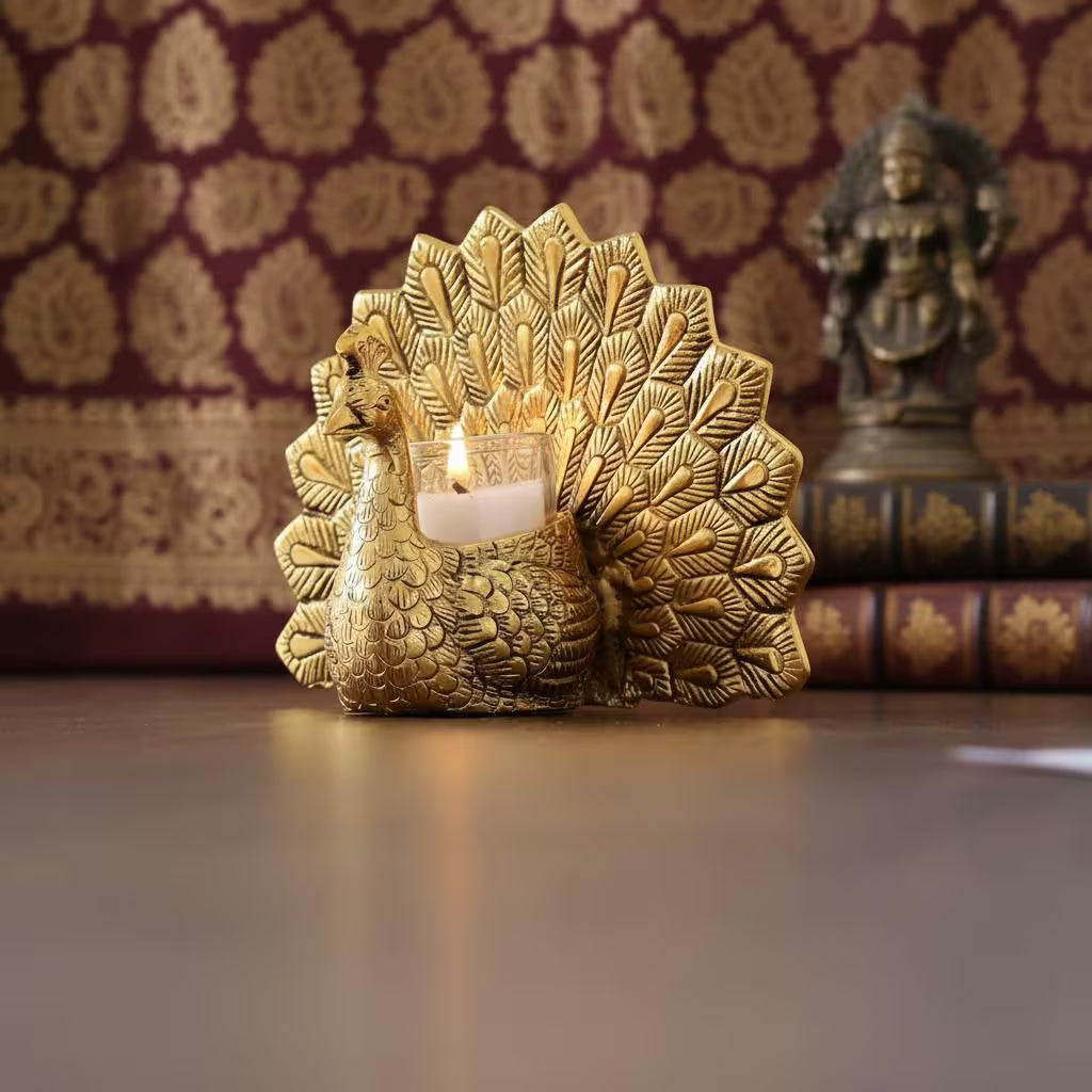 Metal Peacock Tealight Holder | Hand-Carved Indian Decor Accent, Table Centerpiece