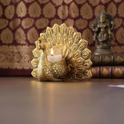 Metal Peacock Tealight Holder | Hand-Carved Indian Decor Accent, Table Centerpiece