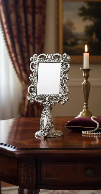 German Silver Ornate Mirror Stand | Handcrafted Tabletop Vanity Mirror