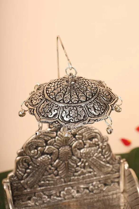 German Silver Singhasan Throne | Handcrafted Mandir Seat with Umbrella, Pooja Decor