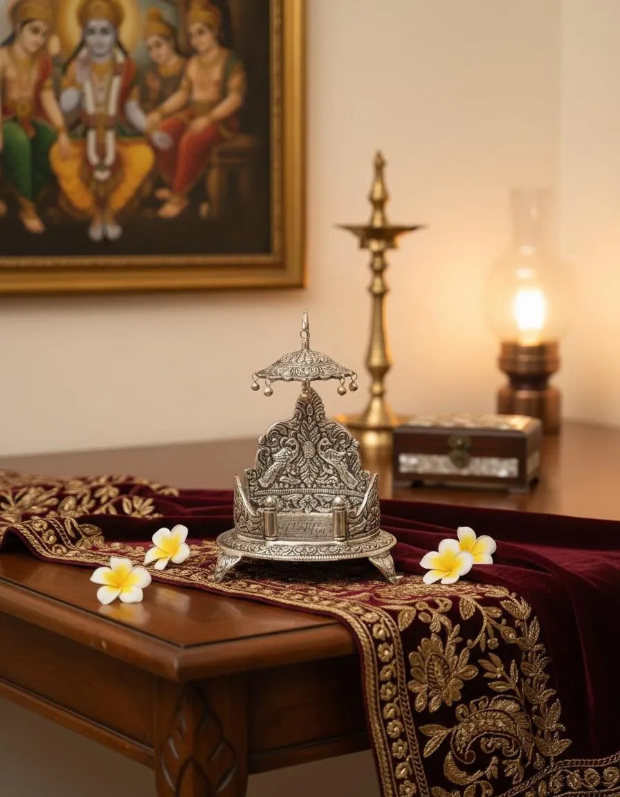 German Silver Singhasan Throne | Handcrafted Mandir Seat with Umbrella, Pooja Decor