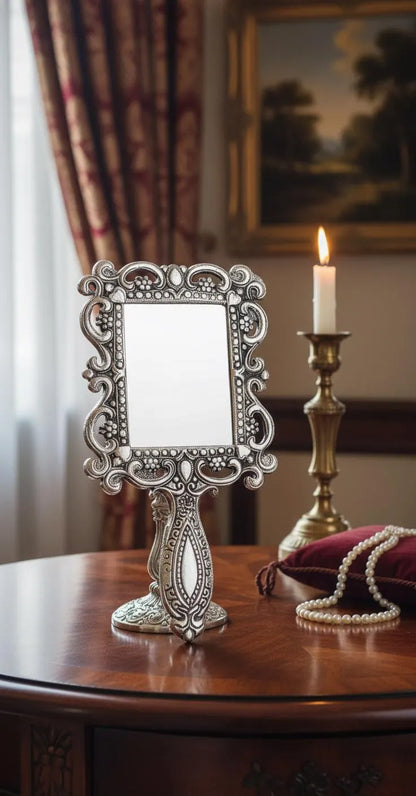 German Silver Ornate Mirror Stand | Handcrafted Tabletop Vanity Mirror