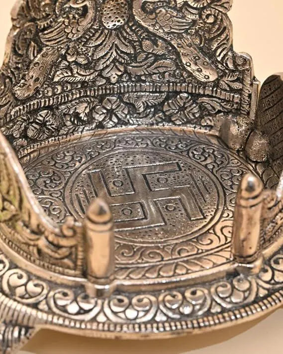 German Silver Singhasan Throne | Handcrafted Mandir Seat with Umbrella, Pooja Decor