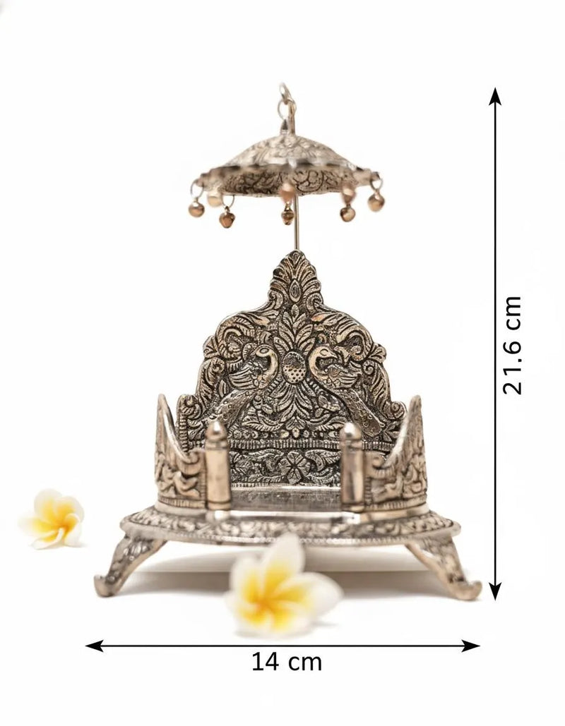 German Silver Singhasan Throne | Handcrafted Mandir Seat with Umbrella, Pooja Decor