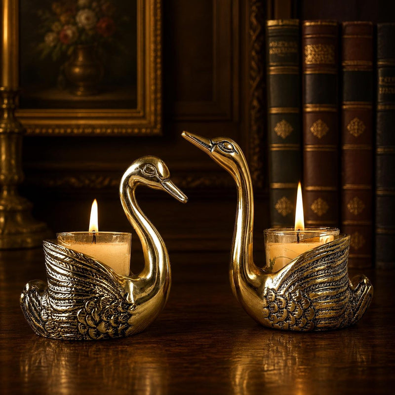 Golden Swan Candle Holders, Aluminium Tealight Holder, Vintage Style Table Decor
