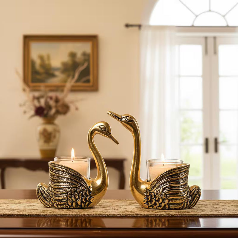 Golden Swan Candle Holders, Aluminium Tealight Holder, Vintage Style Table Decor
