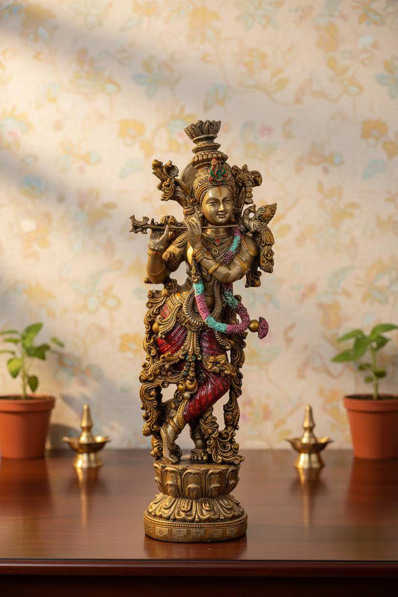 Handmade Resin Krishna Statue with Flute | Hindu God Home Temple Decor