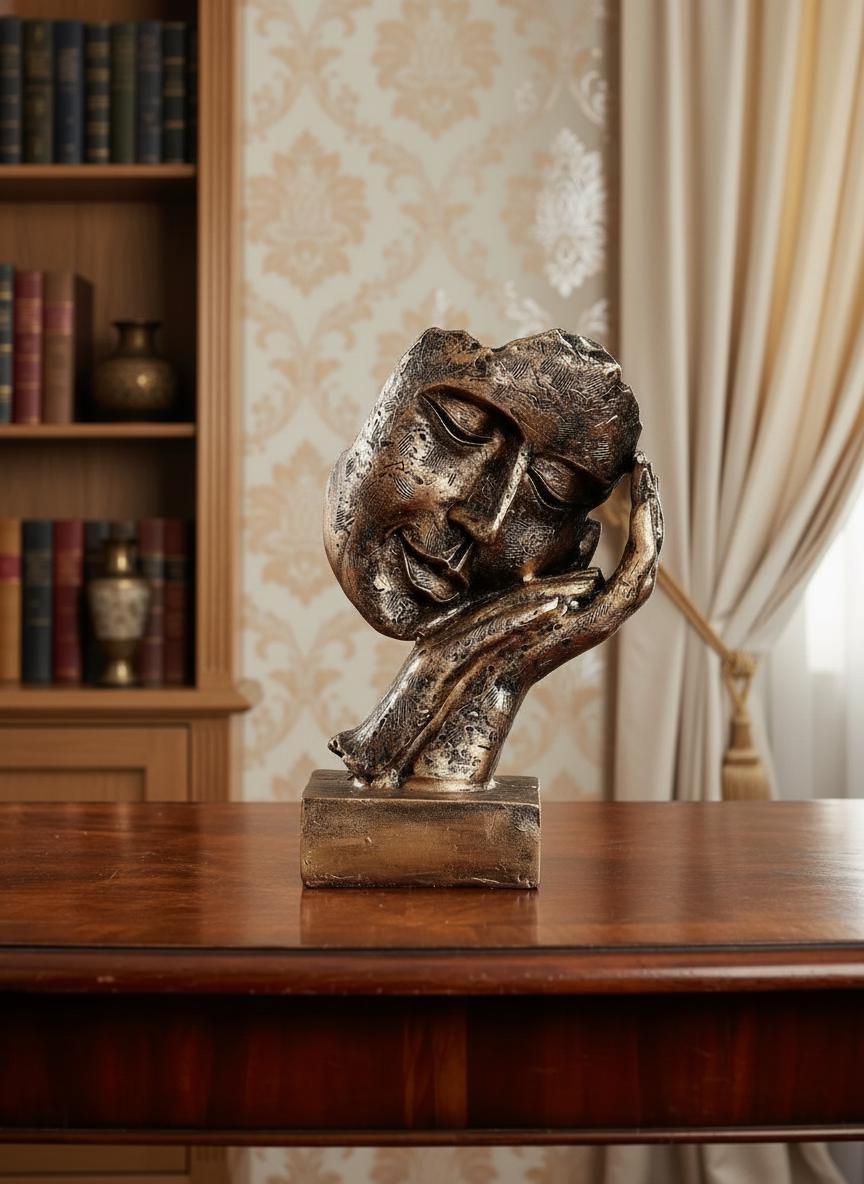 Abstract Face Resin Sculpture | Antique Textured Thinker Statue, Home Office Decor