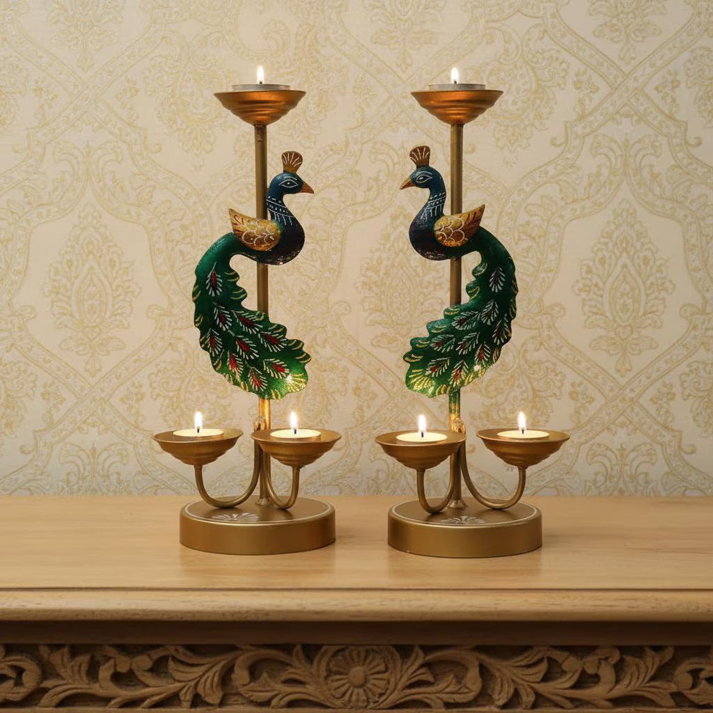 Handmade Metal Peacock Candle Stand Pair | Indian Tealight Holder