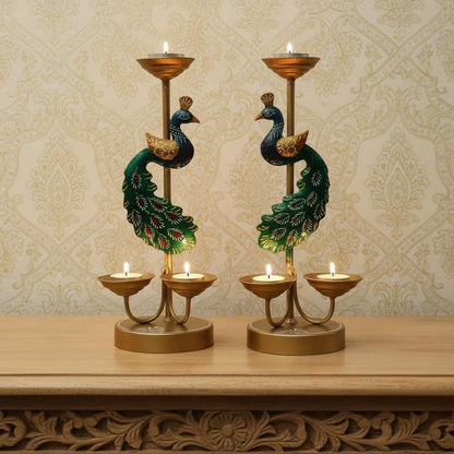 Handmade Metal Peacock Candle Stand Pair | Indian Tealight Holder