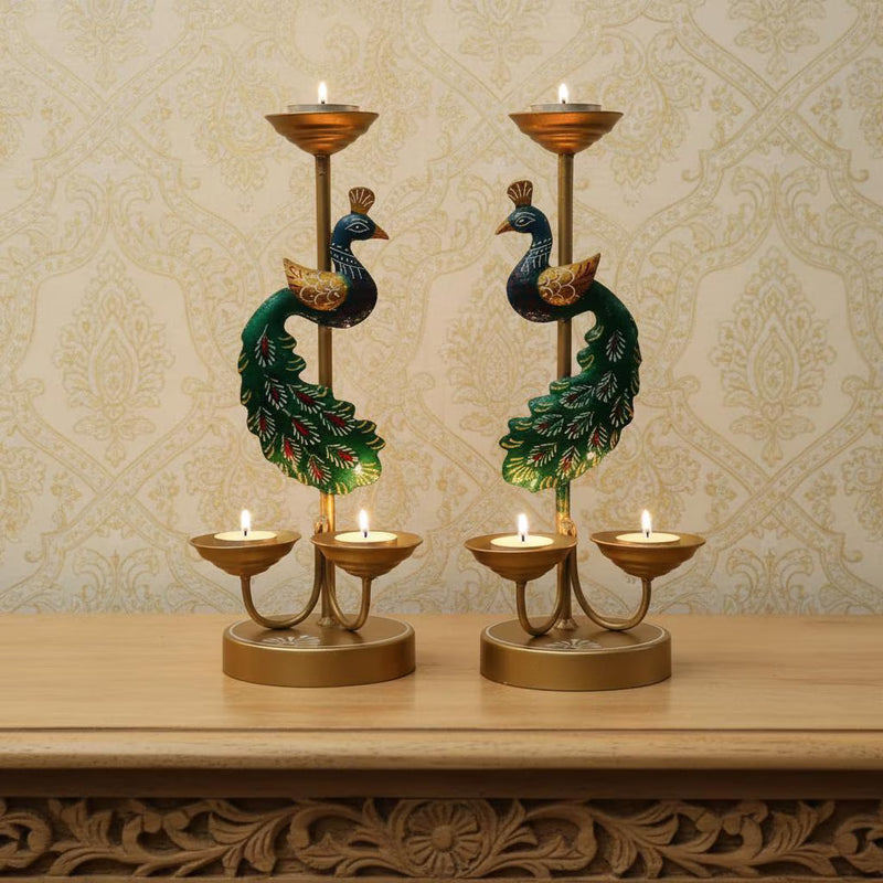 Handmade Metal Peacock Candle Stand Pair | Indian Tealight Holder