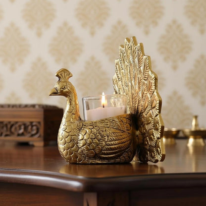 Metal Peacock Tealight Holder | Hand-Carved Indian Decor Accent, Table Centerpiece