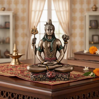 Meditating Lord Shiva Resin Statue, Antique Finish Spiritual Idol, Home Temple Decor