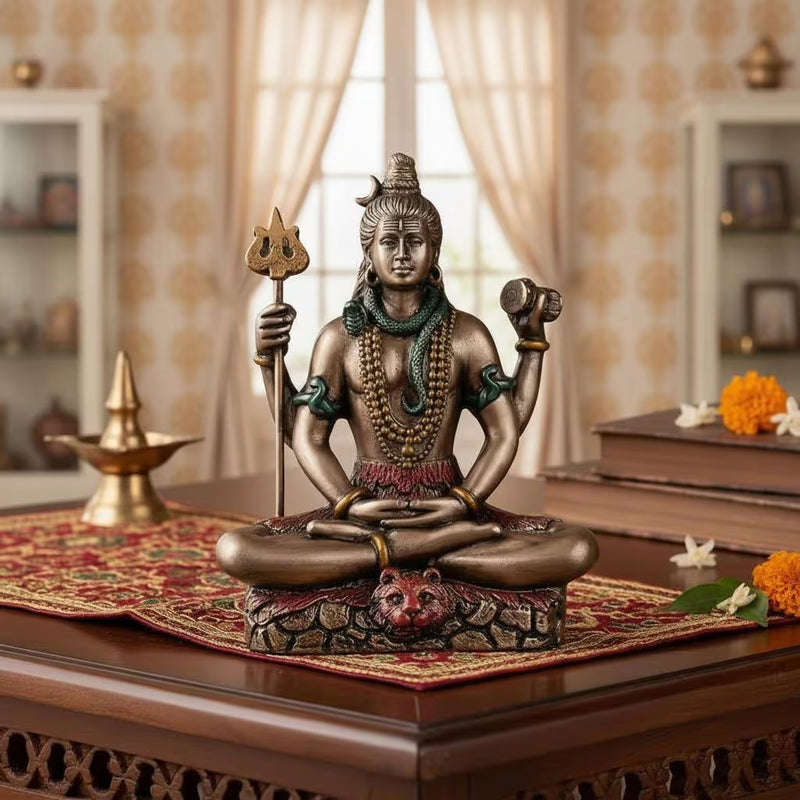 Meditating Lord Shiva Resin Statue, Antique Finish Spiritual Idol, Home Temple Decor