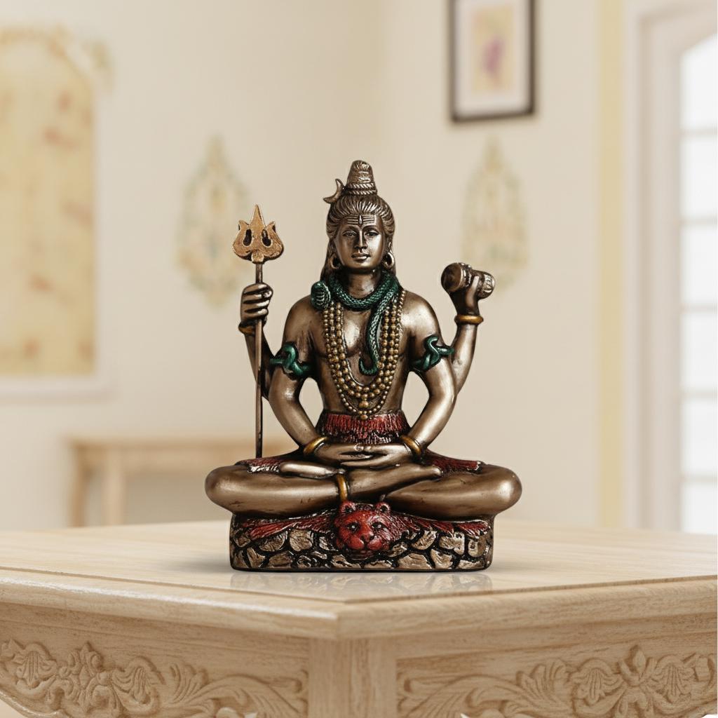 Meditating Lord Shiva Resin Statue, Antique Finish Spiritual Idol, Home Temple Decor