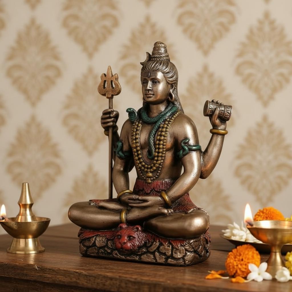 Meditating Lord Shiva Resin Statue, Antique Finish Spiritual Idol, Home Temple Decor