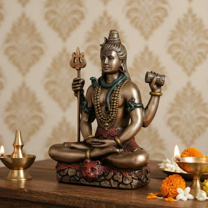 Meditating Lord Shiva Resin Statue, Antique Finish Spiritual Idol, Home Temple Decor