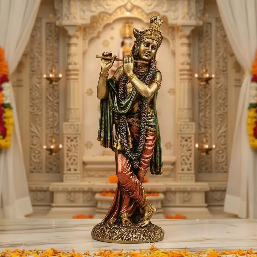 Lord Krishna Flute Playing Statue, Hand-Painted Resin Hindu Idol, Spiritual Home Temple Decor