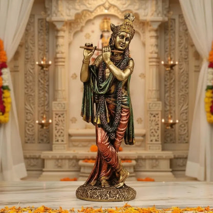 Lord Krishna Flute Playing Statue, Hand-Painted Resin Hindu Idol, Spiritual Home Temple Decor